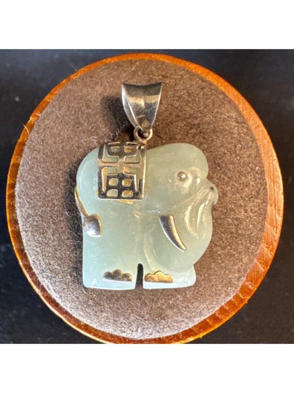 VTG Sterling Silver 925 Carved Jade Elephant Pendant Size 1.25" Length